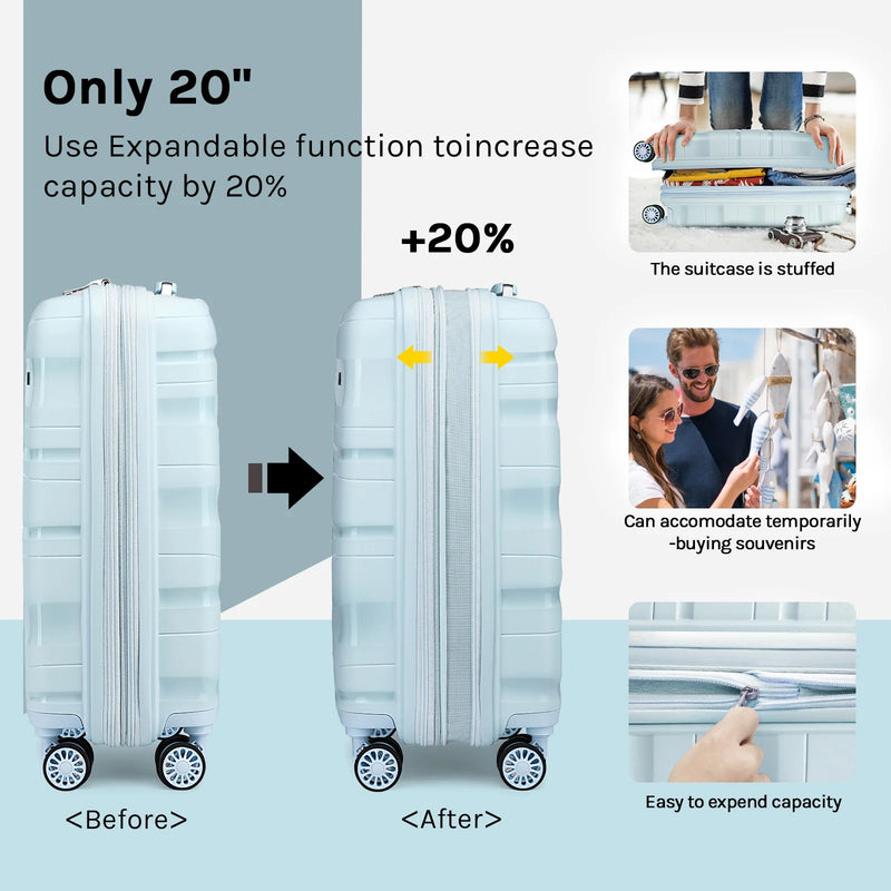 5 Piece Luggage Set PP Hardside Spinner Luggage - (Expandable Carry-On Suitcase20")(24" 28")-Light Blue - Puck's