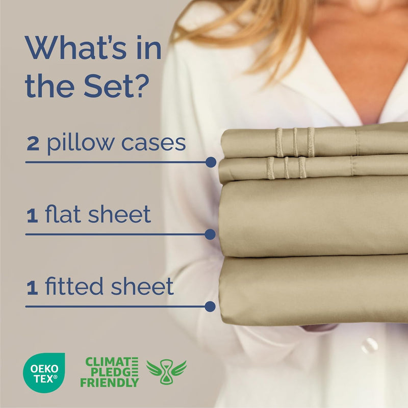 Cal King Size 4 Piece Sheet Set - Comfy Breathable & Cooling Bed Sheets Set - Hotel Luxury Bedding for Women, Men, Kids & Teens - Deep Pockets, Easy-Fit, Super Soft & Wrinkle Free - Oeko-Tex - Beige - Puck's