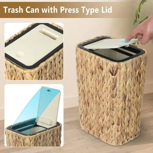 2-in-1 Wicker Bin With Pressed Top Cover, Woven Waste Paper Basket And Basket For Bathroom, Kitchen, Living Room, Bedroom Unavailable Platforms- Welfel - Puck's