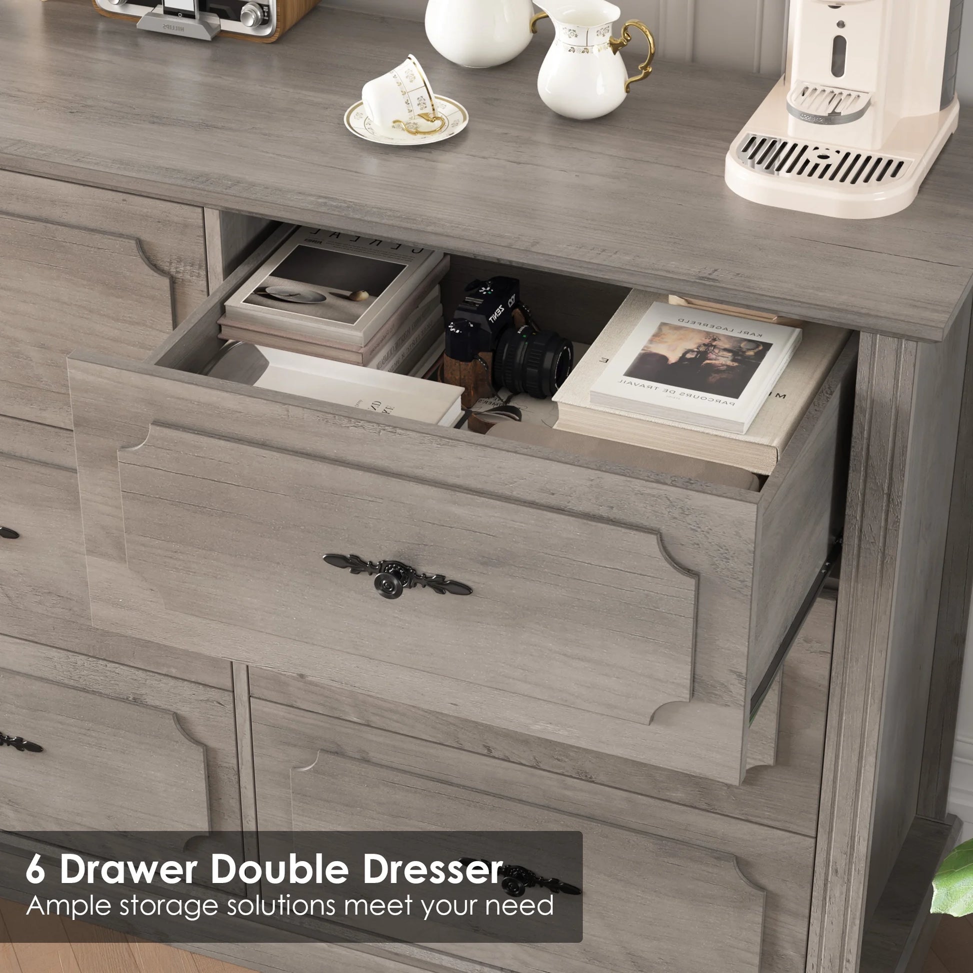 6 Drawer Bedroom Dresser, Farmhouse Wood Storage Drawer Chest Cabinet for Living Room Entryway, Gray - Puck's
