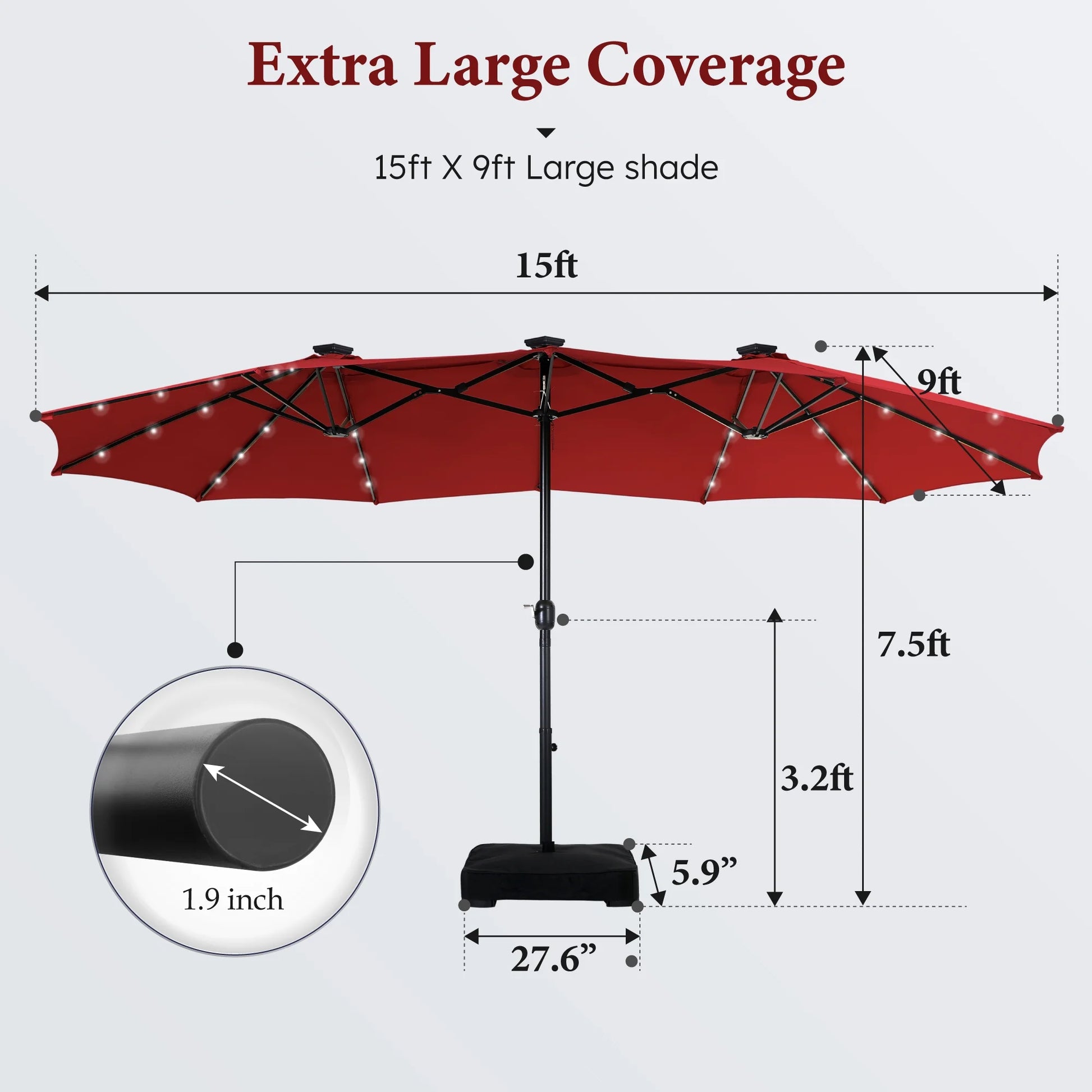 15Ft Double-Sided Solar Patio Umbrella with Base (Included) Large Outdoor Umbrella with Solar Lights - Burgundy - Puck's
