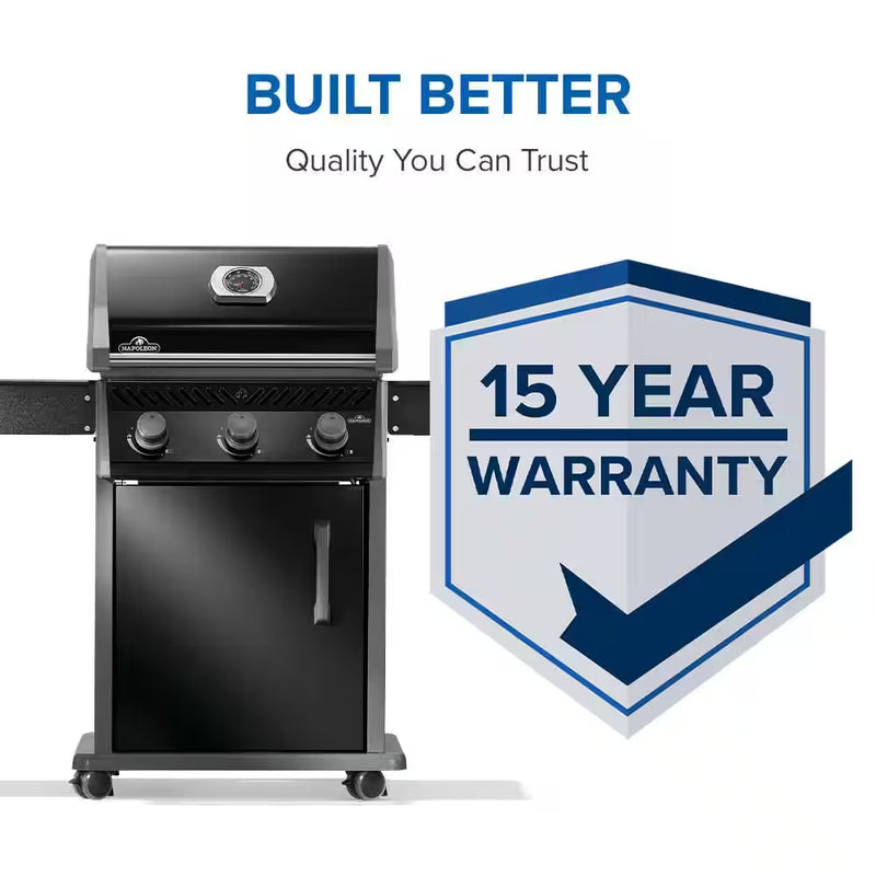 Rogue 425 3-Burner Propane Gas Grill in Black with Cast Iron Cooking Grids