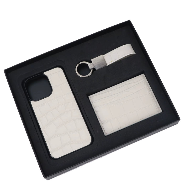 Customized Initials Gift Set Crocodile Pattern Leather Phone Case for Iphone Keychain Card Holder Gift Box Set Business Gift Set - Puck's