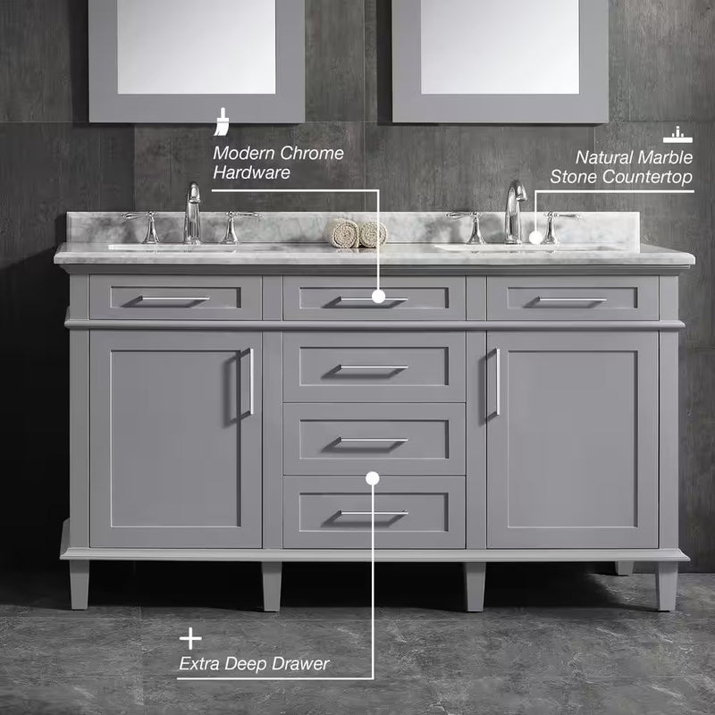 Sonoma 60 In. Dubbele Gootsteen Kiezel Grijs Bad Wastafel met Carrara Marmeren Bovenblad (Gemonteerd) - Puck's