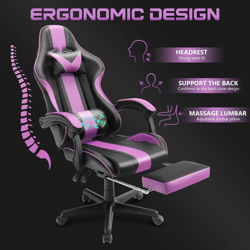 Gaming Chair with Footrest, Office Computer Chair with Massage Lumbar Pillow and Headrest, Swivel Leather Gamer Chairs for Adults Kids, Purple - Puck's