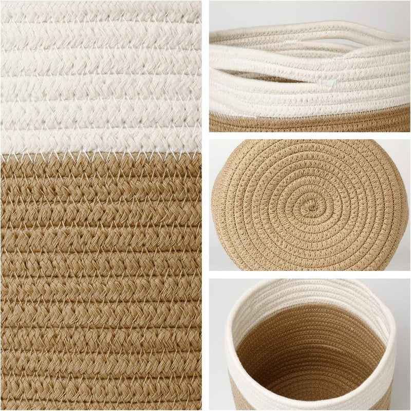 8"X7.5" Basket Planters for Indoor Plants, up to 7.5 Inch Flower Pot, Sturdy Woven Rope Organizer with Handle, Small, White Brown Stripes - Puck's