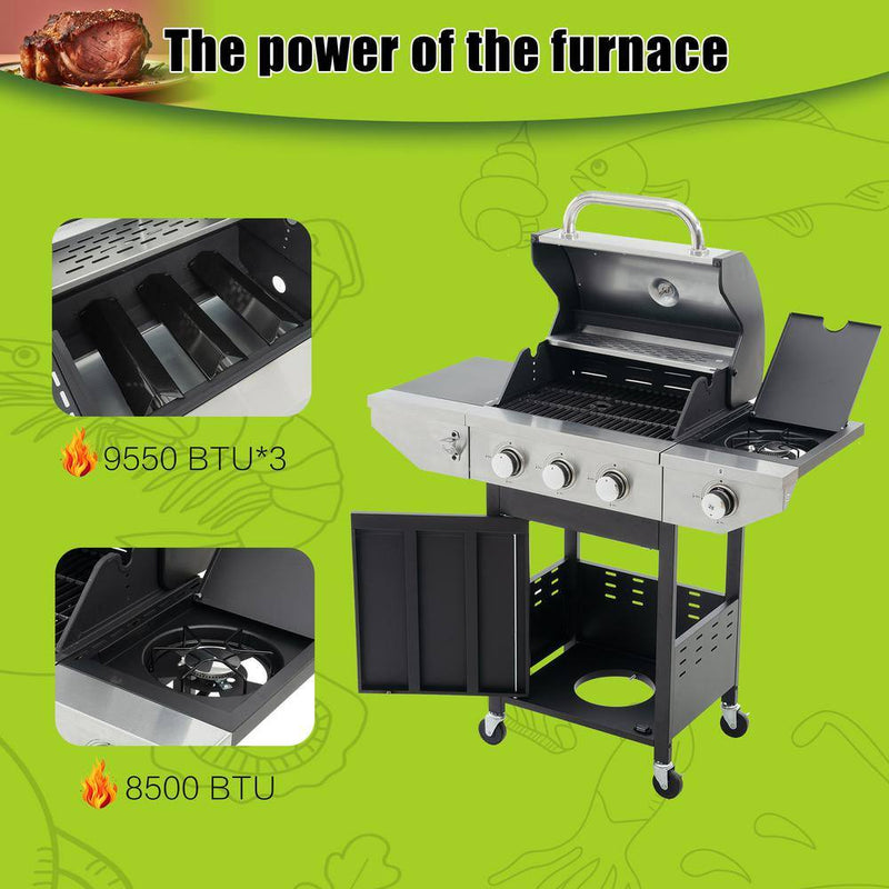 3-Burner Portable Propane Grill Stainless Steel Gas Grill in Gray with Side Burner and Thermometer