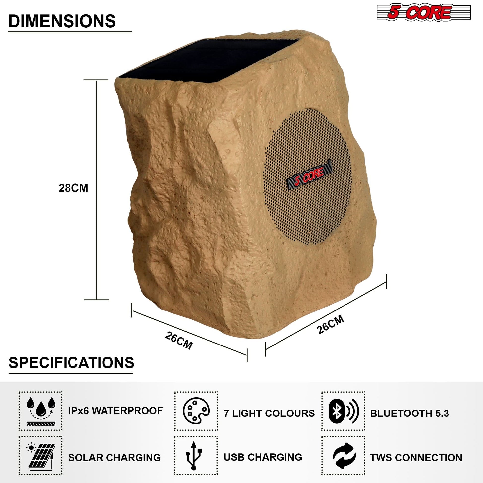 5Core Outdoor Wireless Speakers Bluetooth Rock Waterproof Linkable TWS Garden Speaker BROWN - Puck's
