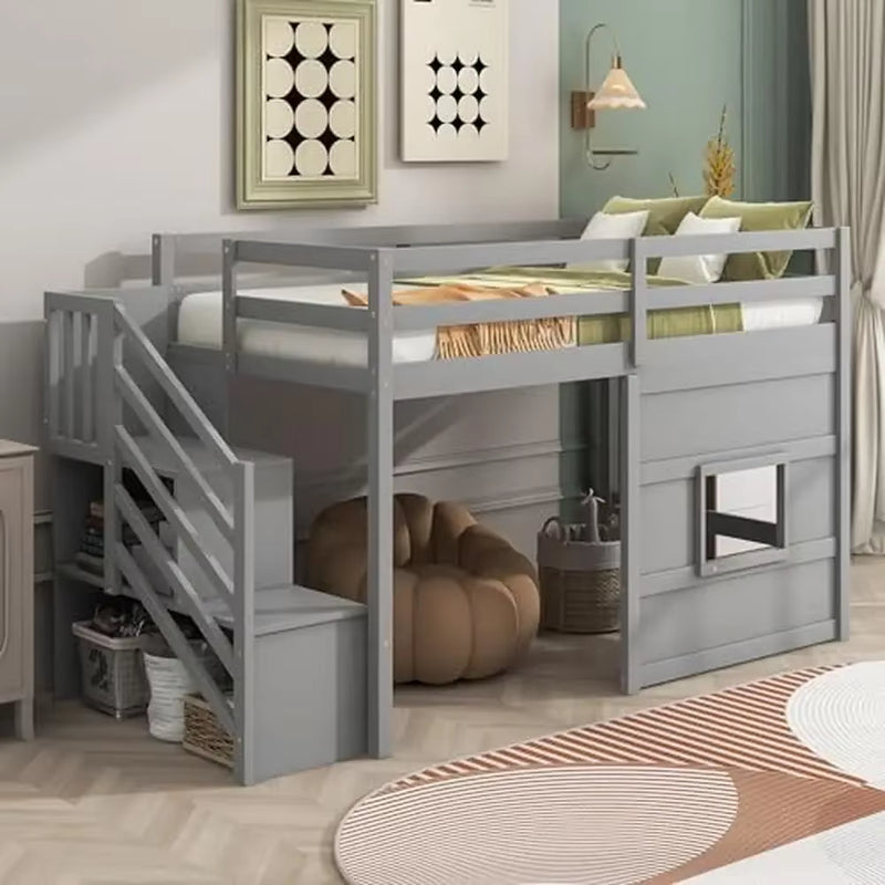 Twin Low Loft Bed with Stairs & Storage Kids Solid Pine Wood Gray Finish High Safety Guard Rails Shelves& Movable Desk Modern - Puck's