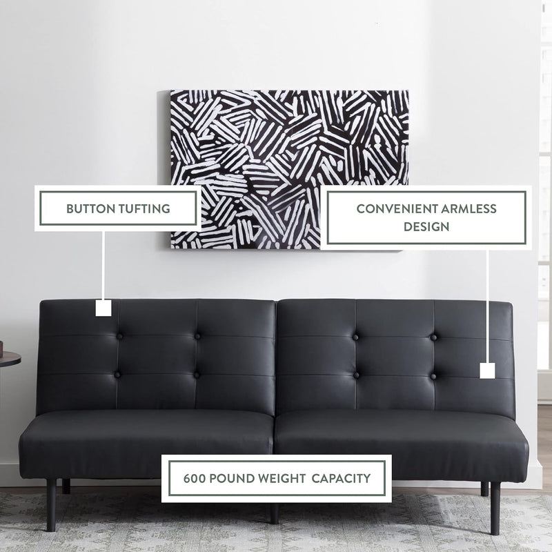 Gilman Futon - Sofa Bed Couch - Small Living Room Furniture - Armless Black Faux Leather - Puck's