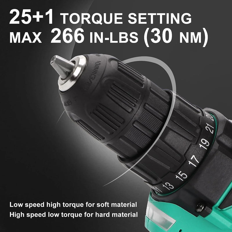 20V Cordless Drill, Electric Power Drill Set with 1 Battery & Charger, 3/8" Keyless Chuck, 2 Variable Speed & LED Light, 266 In-Lb Torque, 25+1 Position and 34Pcs Drill/Driver Bits(Green) - Puck's