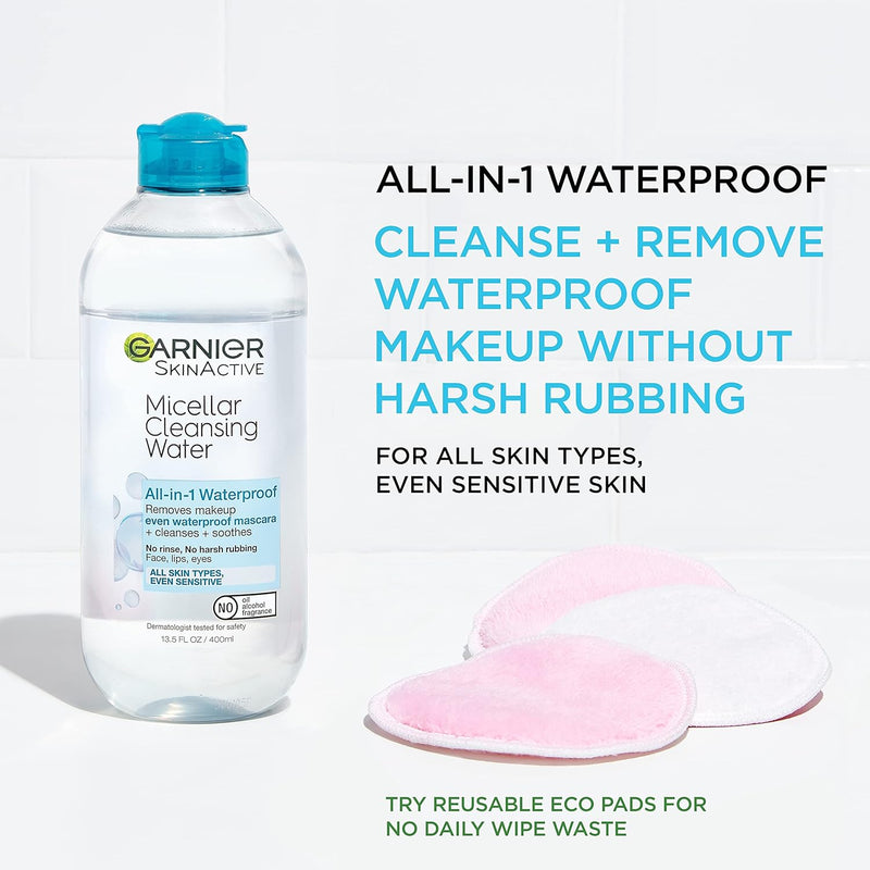 Micellar Water for Waterproof Makeup, Hydrating Facial Cleanser & Makeup Remover, Suitable for Sensitive Skin, Vegan, Cruelty Free, 13.5 Fl Oz (400Ml), 2 Count - Puck's
