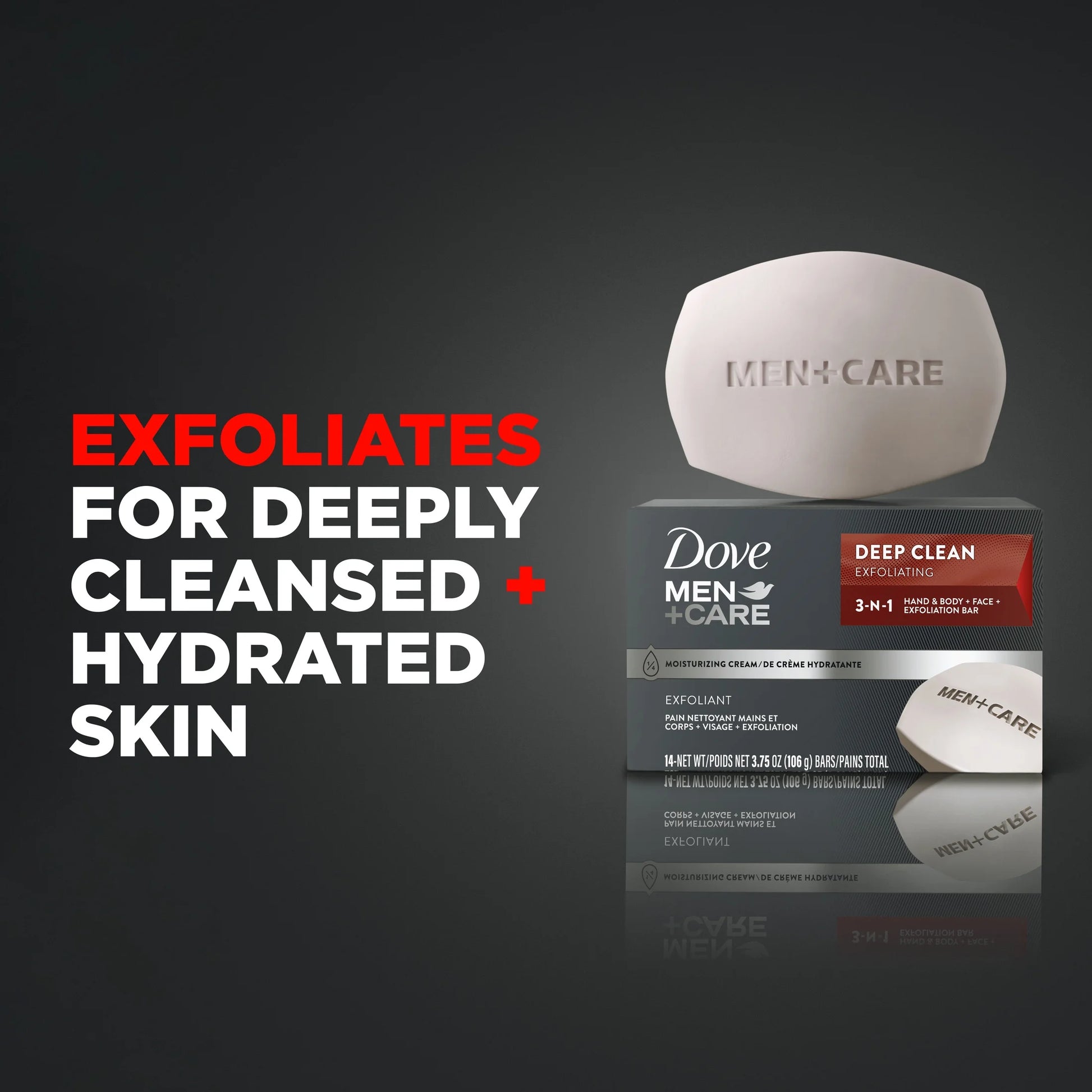 (4 Pack)  Men+Care 3-In-1 Hand & Body + Face + Exfoliation Bar for Dry Skin, Deep Clean, 3.75 Oz 12 Bars