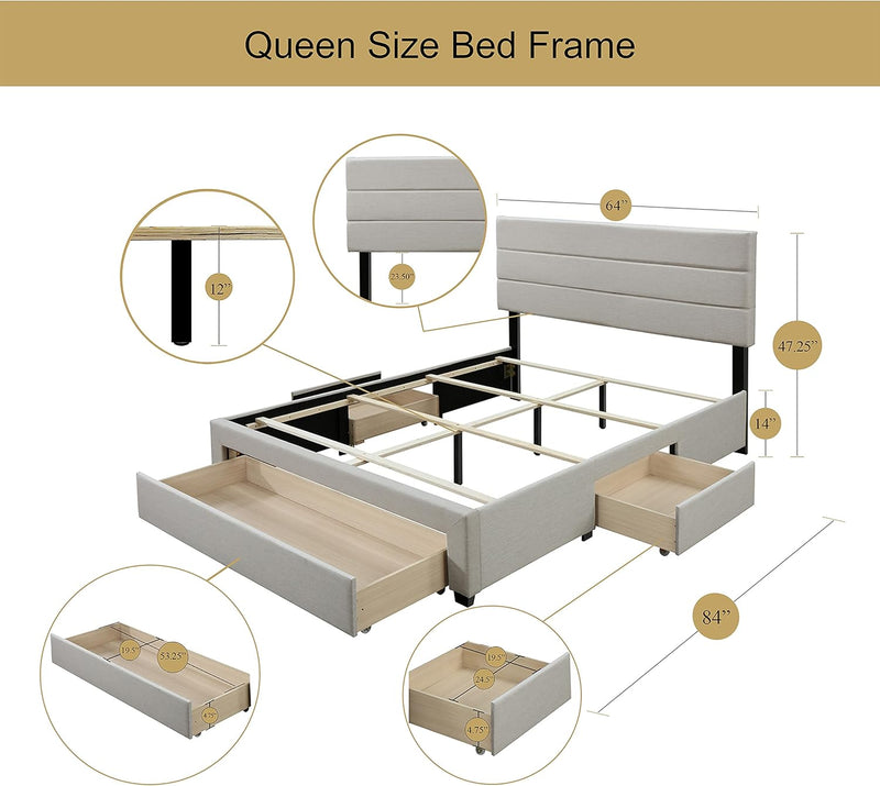 Flynn Bed Frame - Beige Fabric Upholstered Panel Bed Frame with Storage Drawers – Wood Queen Bed Frame with Headboard - Modern Tufted Horizontal Channel Headboard for Queen Bed - Puck's