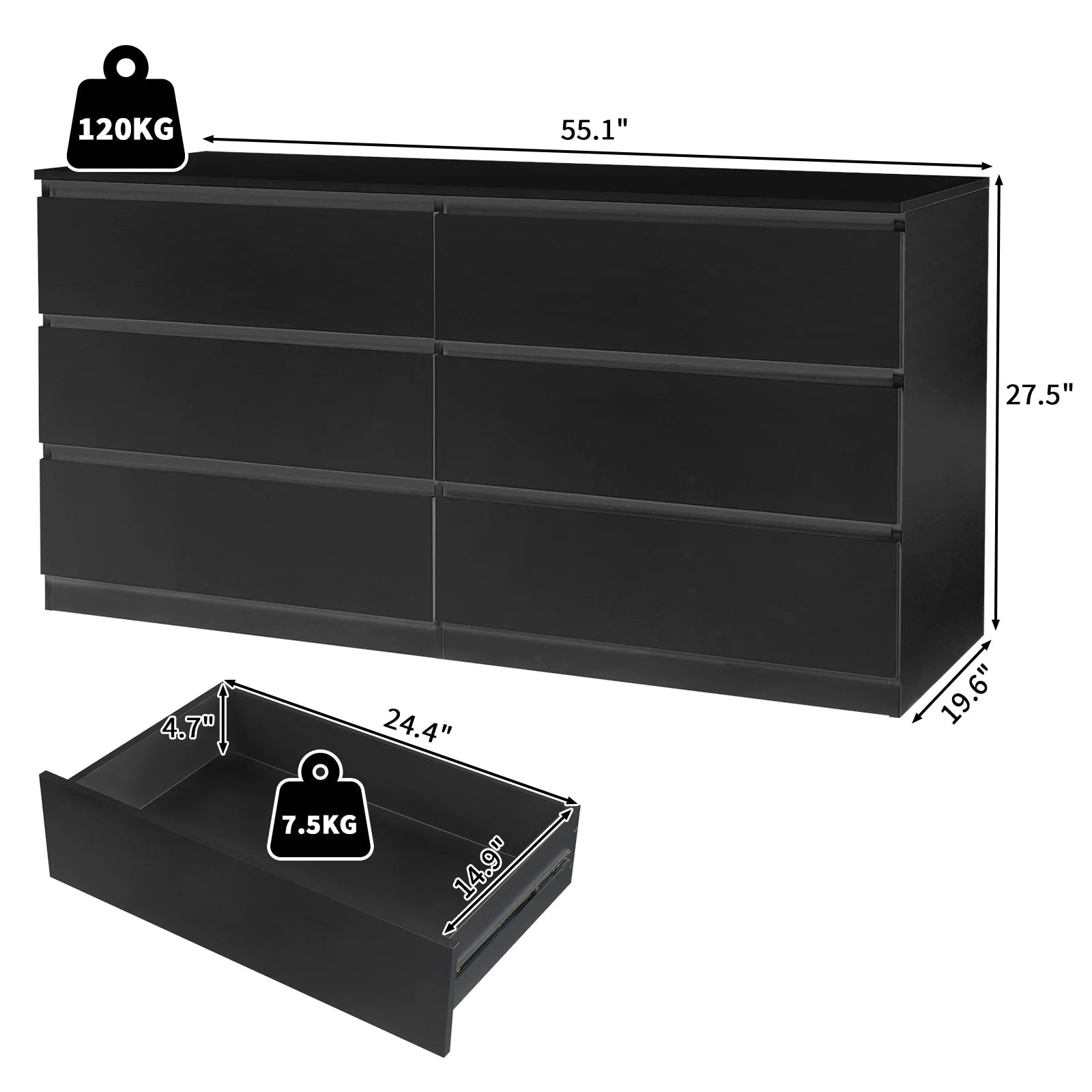 6 Drawer Double Dresser, Kids Dresser, Nursery Dresser Drawer Organizer, Chest of Drawers, Black - Puck's