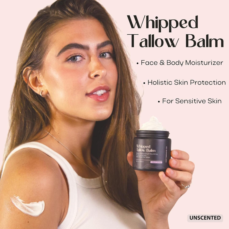 Beef Tallow for Skin (Unscented 2 Oz) - Whipped Tallow Balm for Face and Body - Natural Moisturizer for Sensitive Dry Skin - Handmade Body Butter - 100% Grass-Fed - Gentle Skincare Cream - Belly Butter Lotion - Puck's