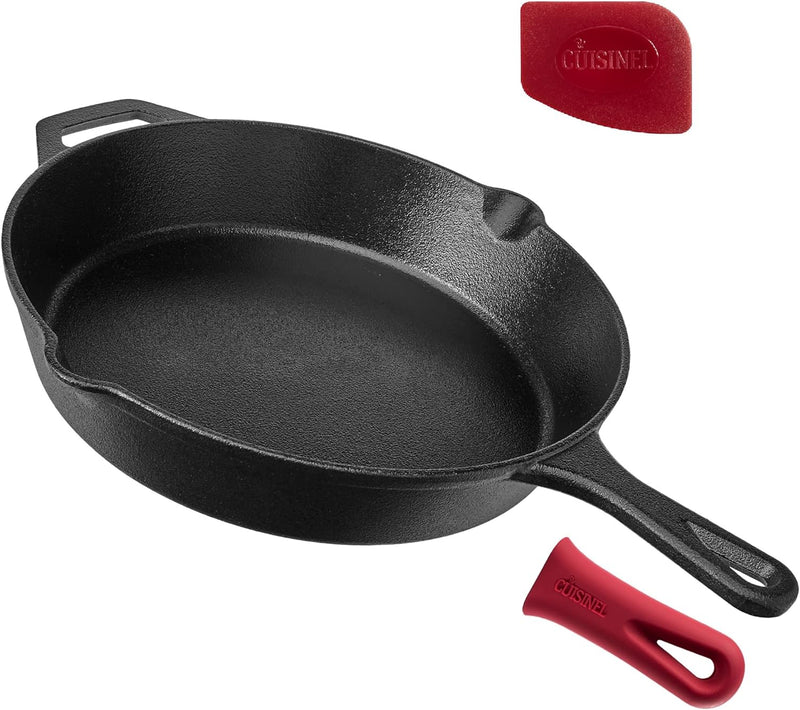 Cast Iron Skillet - 12"-Inch Frying Pan with Assist Handle + Red Silicone Grip Cover - Pre-Seasoned Oven Safe Cookware - Indoor/Outdoor Use - Grill, Stovetop, Induction, BBQ and Firepit Safe - Puck's