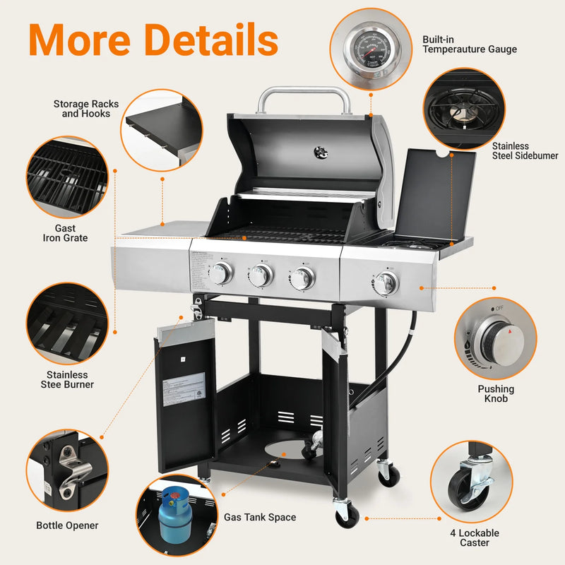 3 Burner Propane Gas BBQ Grill with Side Burner, Stainless Steel BBQ Grill with Cover for Outdoor Cooking and Patio Backyard, 40,500 BTU (3+1 Burner)