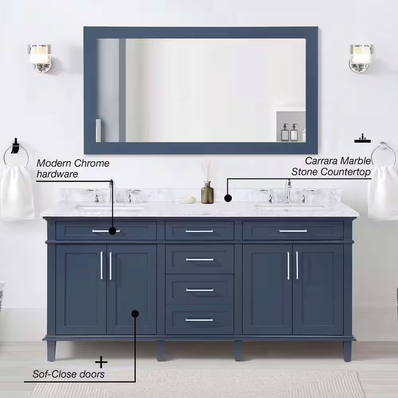 Sonoma 72 In. Dubbele Wastafel Midnight Blue Badmeubel met Carrara Marmeren Bovenblad (Gemonteerd) - Puck's