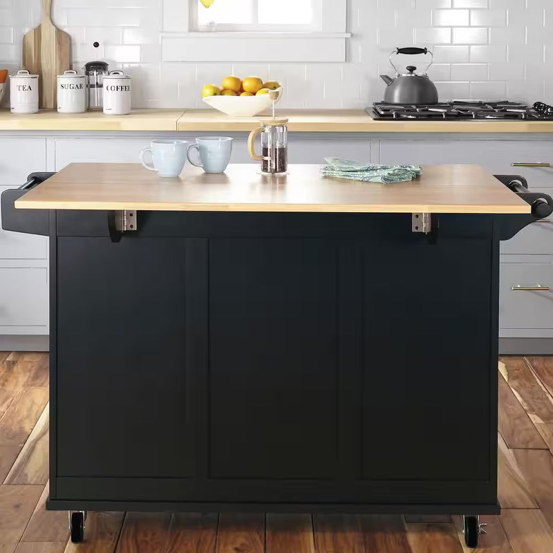 Dolly Madison Black Kitchen Cart with Natural Wood Top