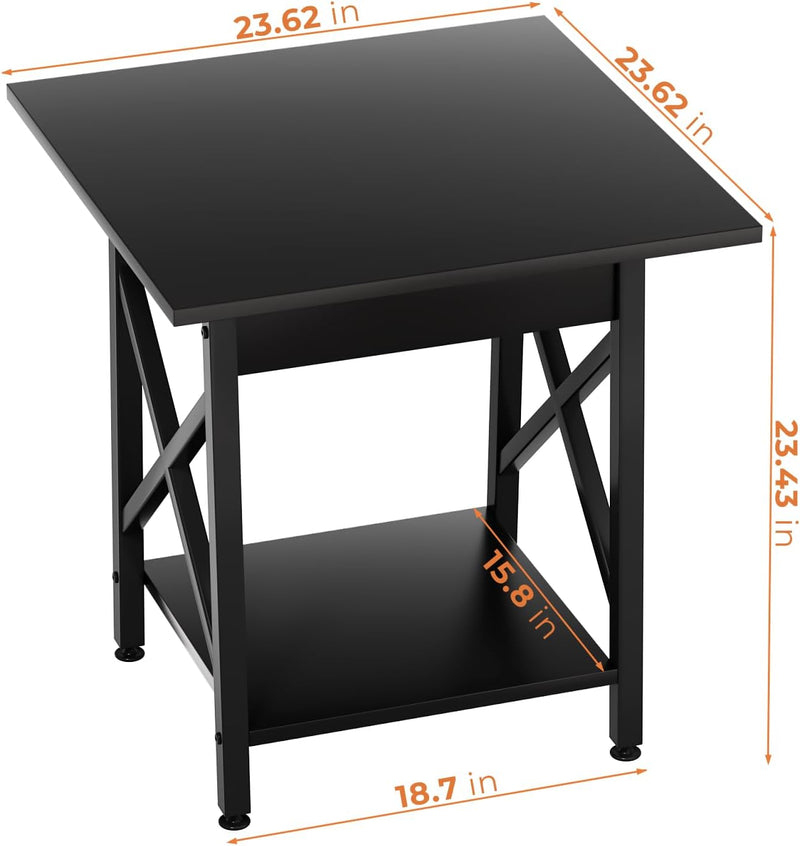End Table 24 Inch for Living Room, Large Square Side Tables with X-Frame, Tall Industrial Bedside Nightstand with 2-Tier Storage, Black - Puck's