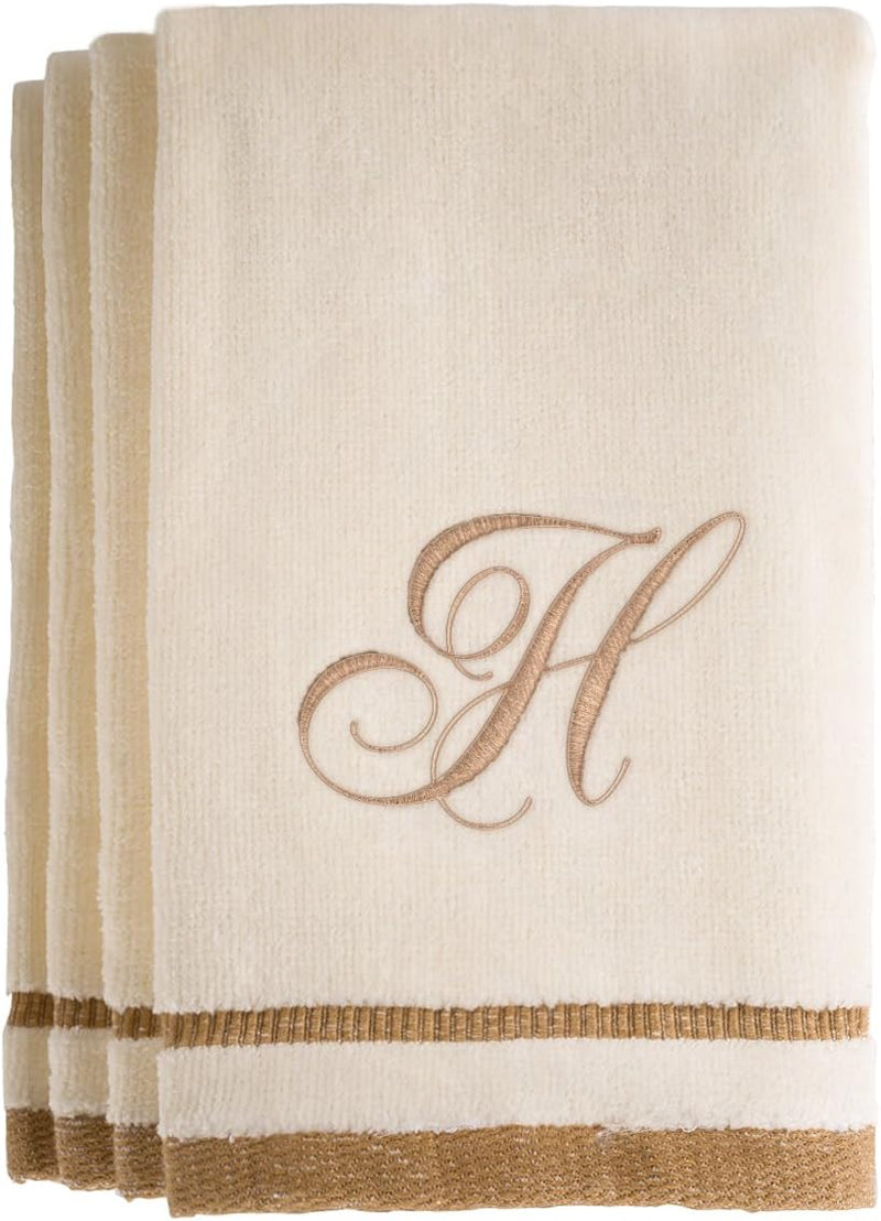 Monogrammed Gifts, Fingertip Towels, 11 X 18 Inches - Set of 4- Decorative Golden Brown Embroidered Towel - Extra Absorbent 100% Cotton- Personalized Gift- for Bathroom/Kitchen- Initial H (Ivory) - Puck's