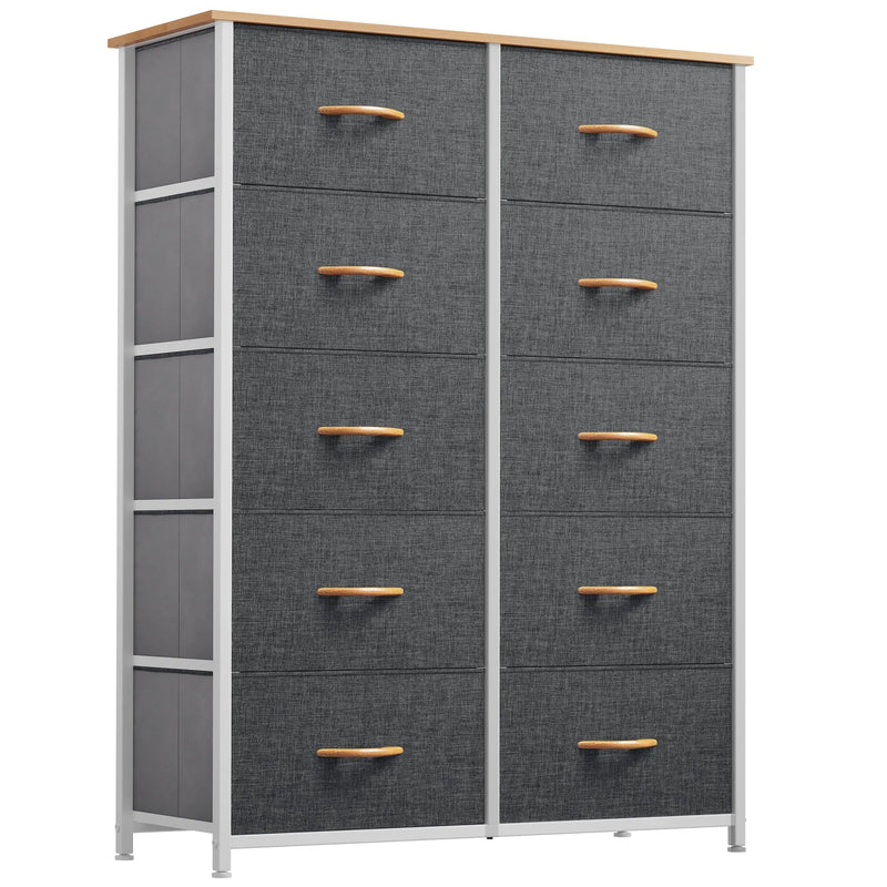 10 Drawer Dresser Chest of Storage Dresser Tall Fabric Dresser Storage Cabinet Bin Nightstand Cabinet, Gray - Puck's