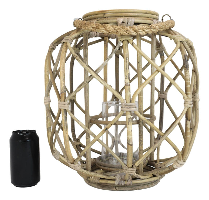 15"H Rustic Farmhouse Brown Woven Rattan Candle Lantern with Jute Rope Handle - Puck's