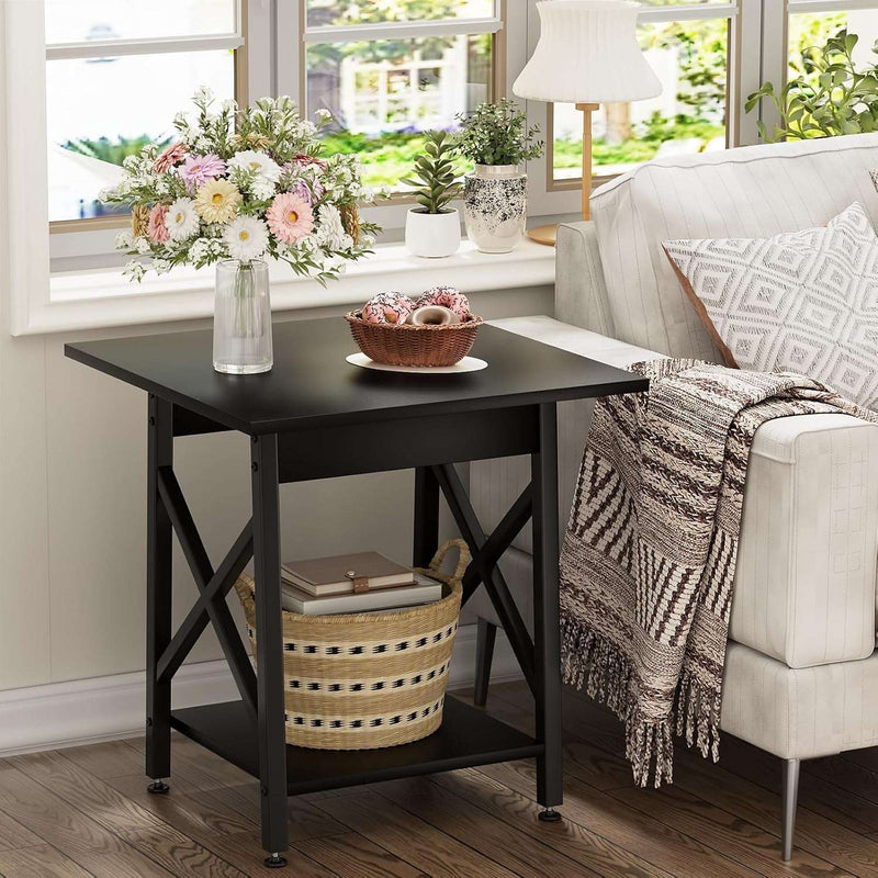 End Table 24 Inch for Living Room, Large Square Side Tables with X-Frame, Tall Industrial Bedside Nightstand with 2-Tier Storage, Black - Puck's