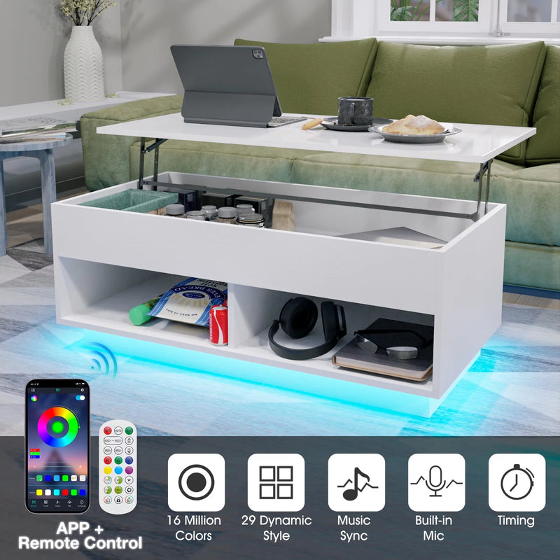 LED Lift Top Coffee Table with Hidden Compartment High Gloss White Coffee Tables Center Rising Cocktail Table for Living Room Accent Furniture - Puck's