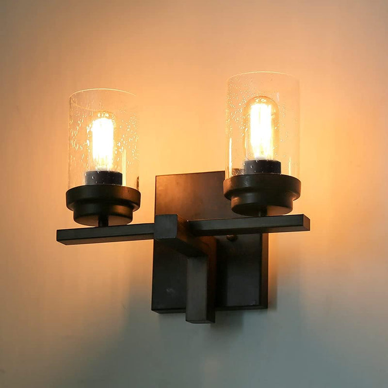 Rustic Style Bathroom Lighting Metal Wall Sconce with Seeded Glass Shade, Industrial Wall Light Log Cabin Home Retro Edison Sconce Lighting Fixtures 2-Lights, Black (W0062) - Puck's
