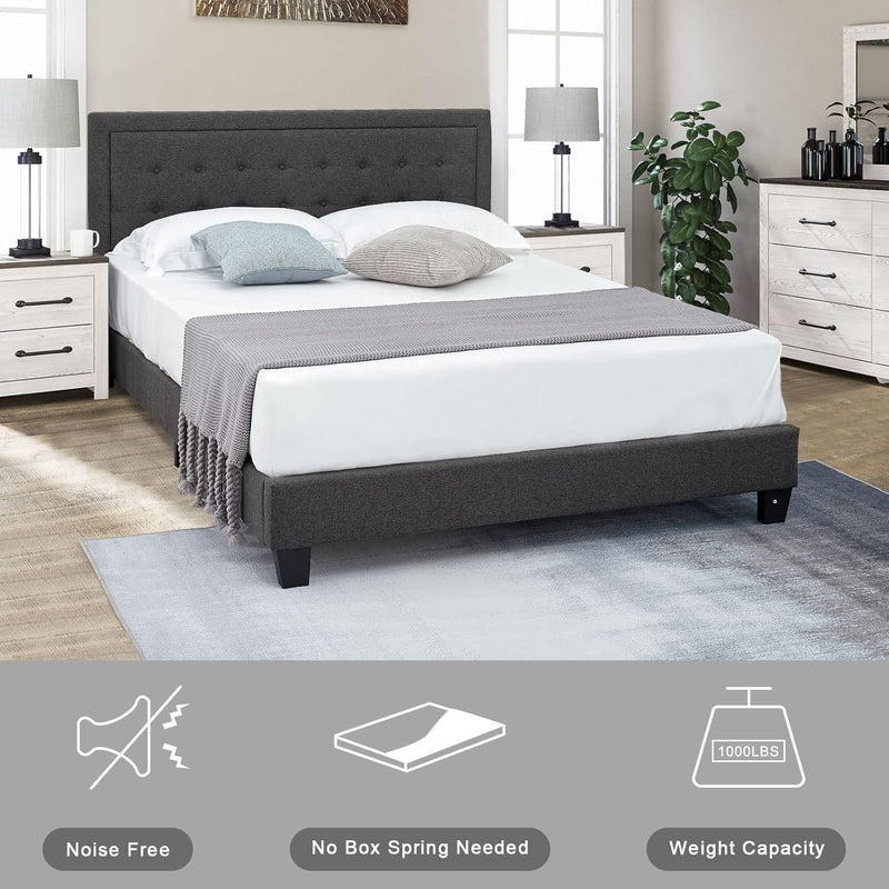 Queen Bed Frame, Upholstered Bed Frame with Adjustable Headboard, Button Tufted Platform Bed Frame / Mattress Foundation Noise Free / Wood Slat Support / No Box Spring Needed / Easy Assembly,Dark Grey - Puck's