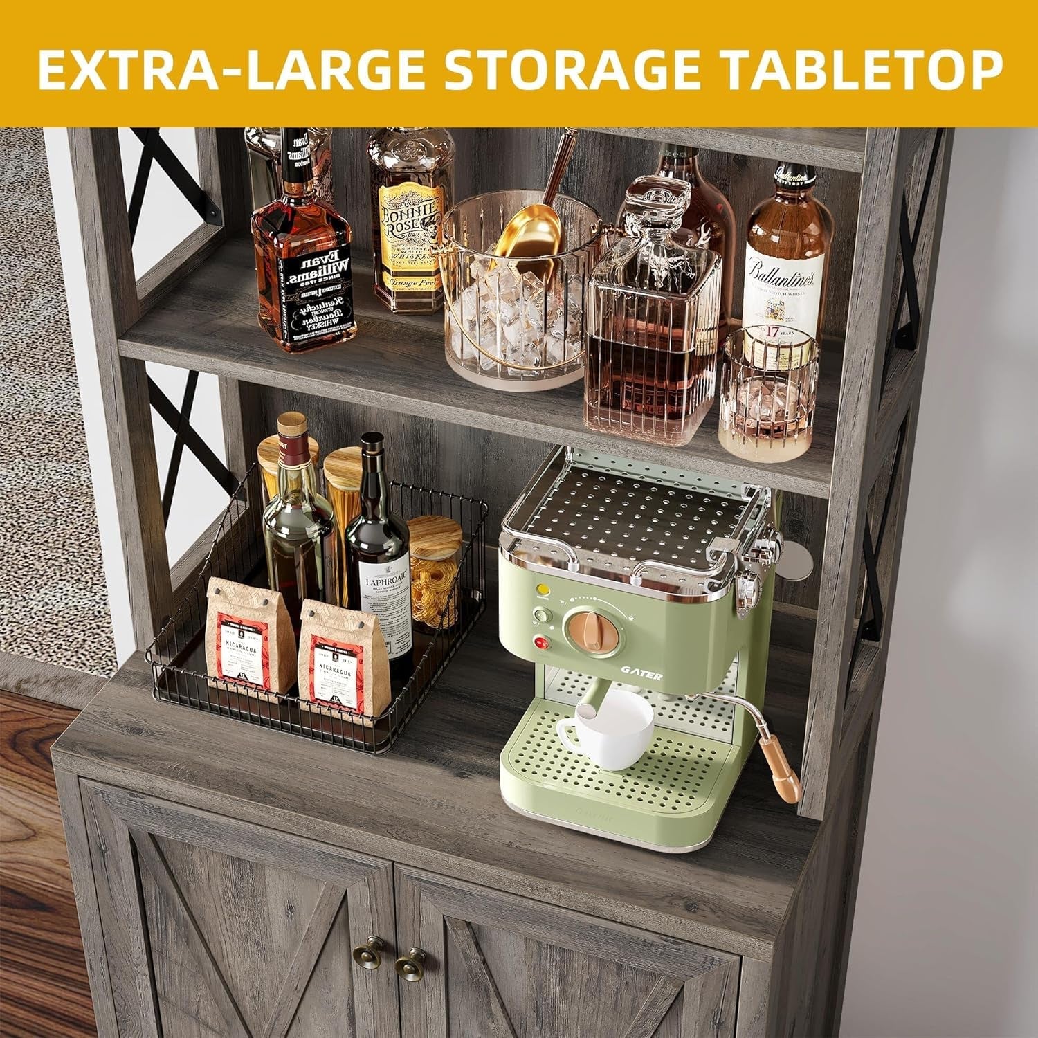 67" Tall Wine Bar Cabinet for Liquor and Glasses, Farmhouse Kitchen - Puck's