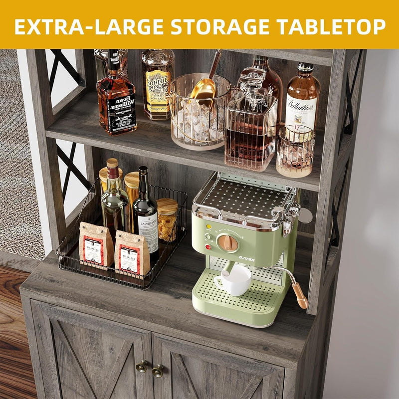 67" Tall Wine Bar Cabinet for Liquor and Glasses, Farmhouse Kitchen - Puck's