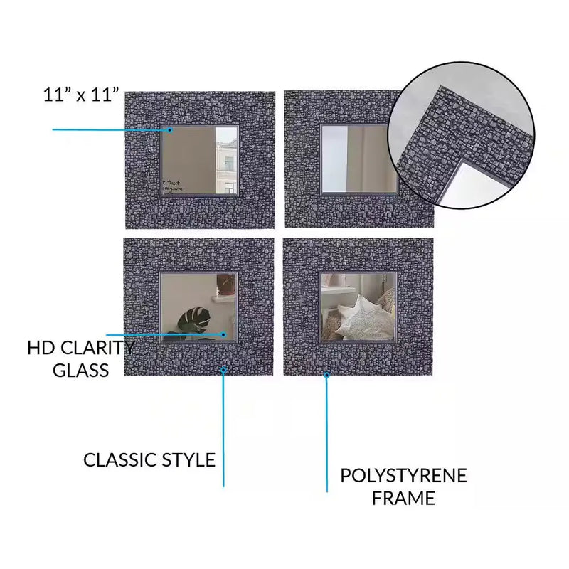11.25 X 11.25 Inches Set of 4 Accent Wall Mirrors Silver Grey Mosaic Wall Decor - Puck's