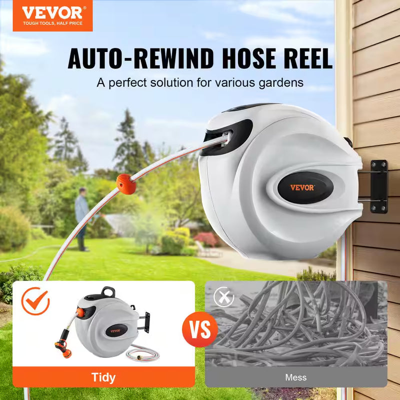 Retractable Hose Reel 5/8 In. Dia X 84 Ft. Garden Water Hose Reel W/9-Pattern Nozzle 180° Swivel Bracket Wall-Mounted - Puck's