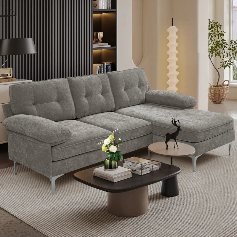 Converteerbare slaapbank, L-vormige bank met omkeerbare chaise lounge, Chenille stof moderne bank voor woonkamer, appartement, kantoor, 3 zitplaatsen, grijs - Puck's