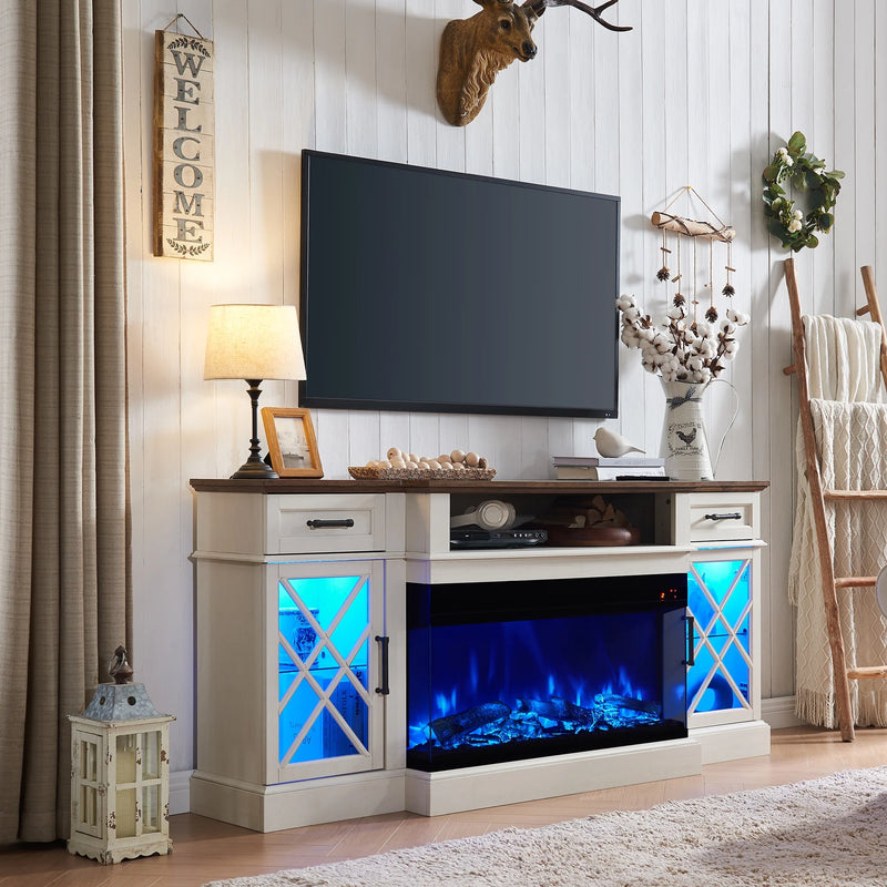 Boerderij 3-zijdig Haard TV-meubel voor 80" TV's, 70" Entertainment Center met elektrische open haard en opbergladen, Antiek Wit - Puck's