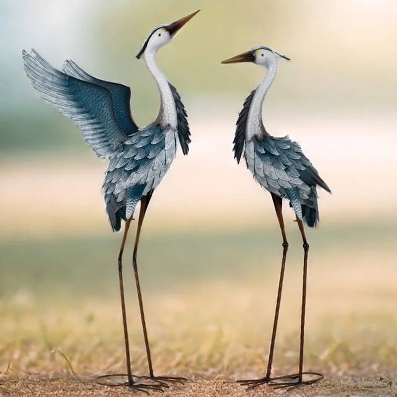 2Pcs 40.75''H, 37.20''H Blue Metal Heron Decor Garden Sculptures Statues, Large Crane Bird Yard Art for Outdoor Porch Party Decorations - Puck's