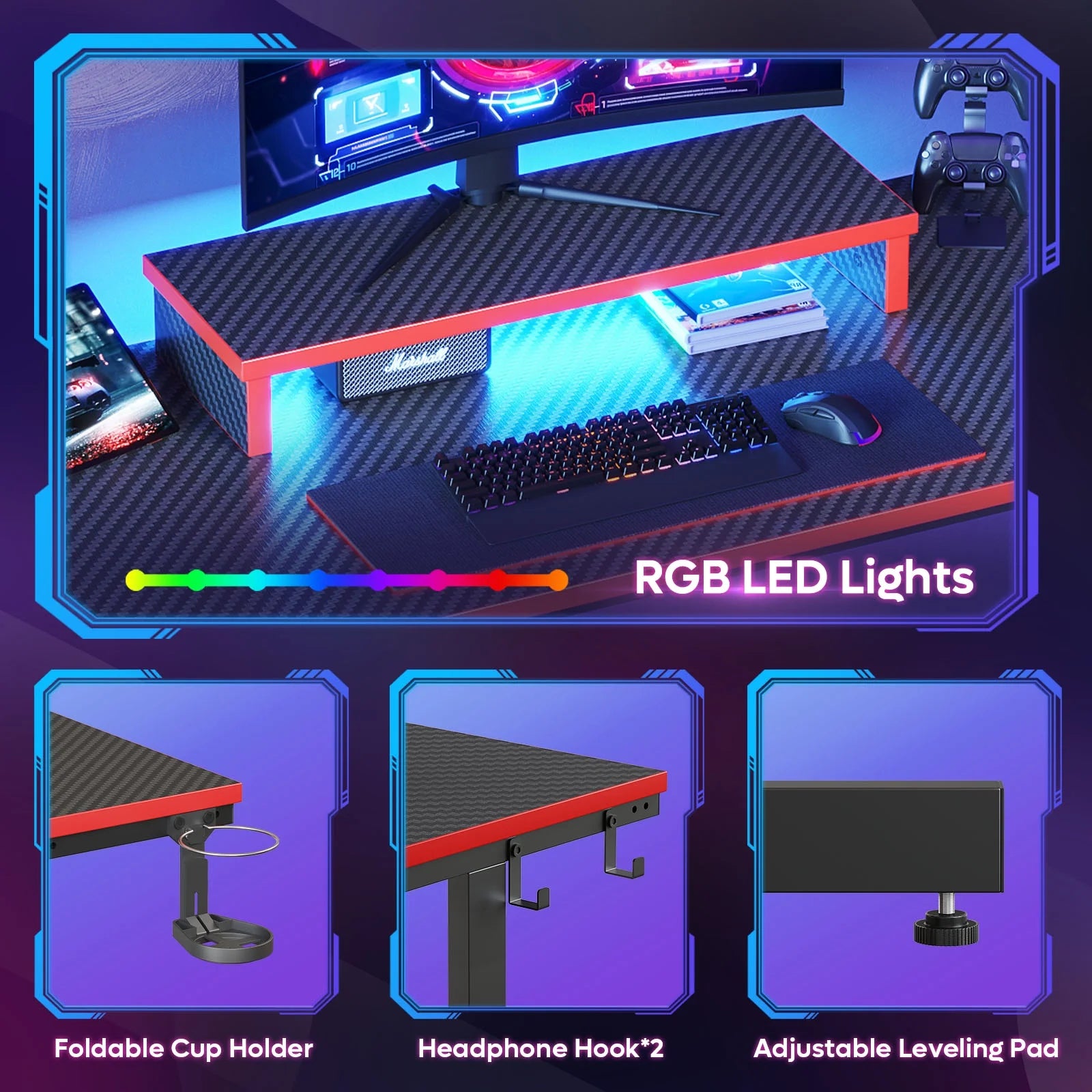 42" Gaming Desk PC Computer Office Gamer Table Desk with LED Lights & Monitor Stand in Red - Puck's