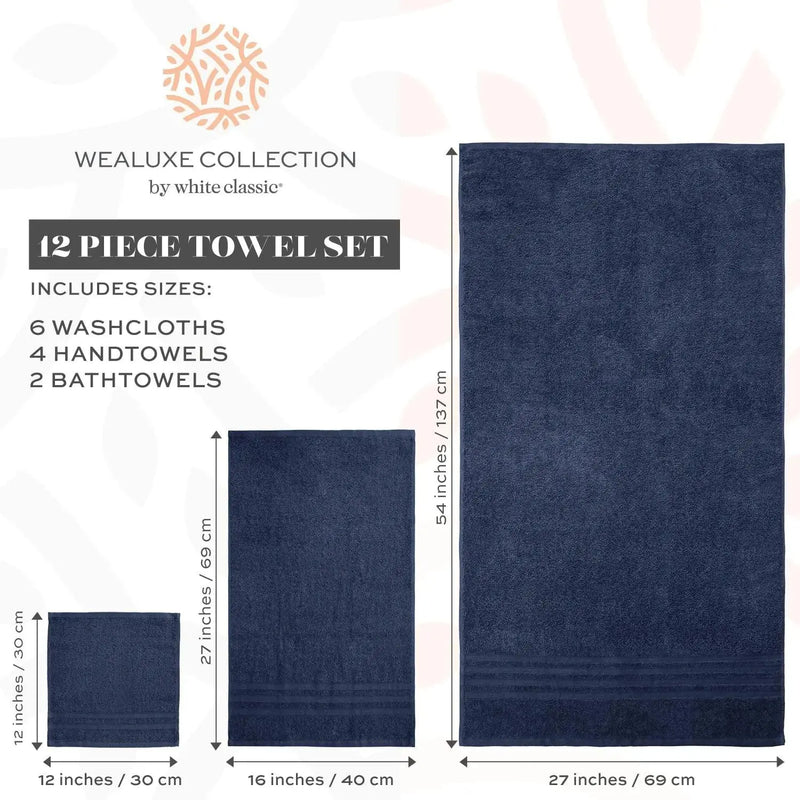 12 Pcs Bath Towel Set for Bathroom Wealuxe Collection 100% Cotton Soft Navy Blue - Puck's