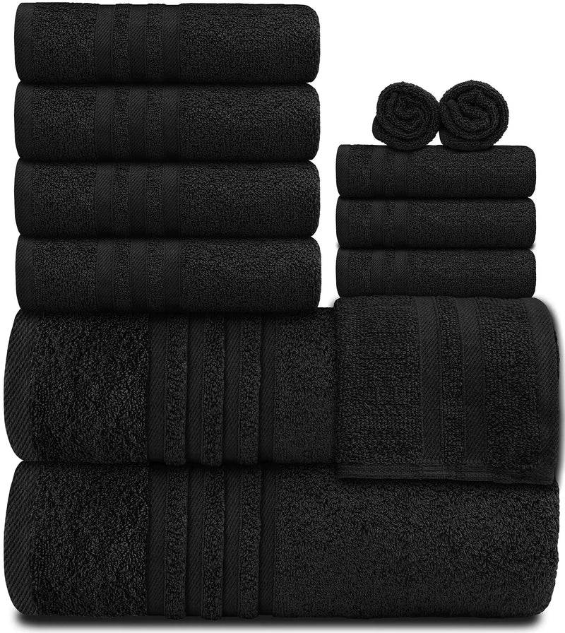 12 Pcs Bath Towel Set for Bathroom Wealuxe Collection Black 100% Cotton Soft - Puck's