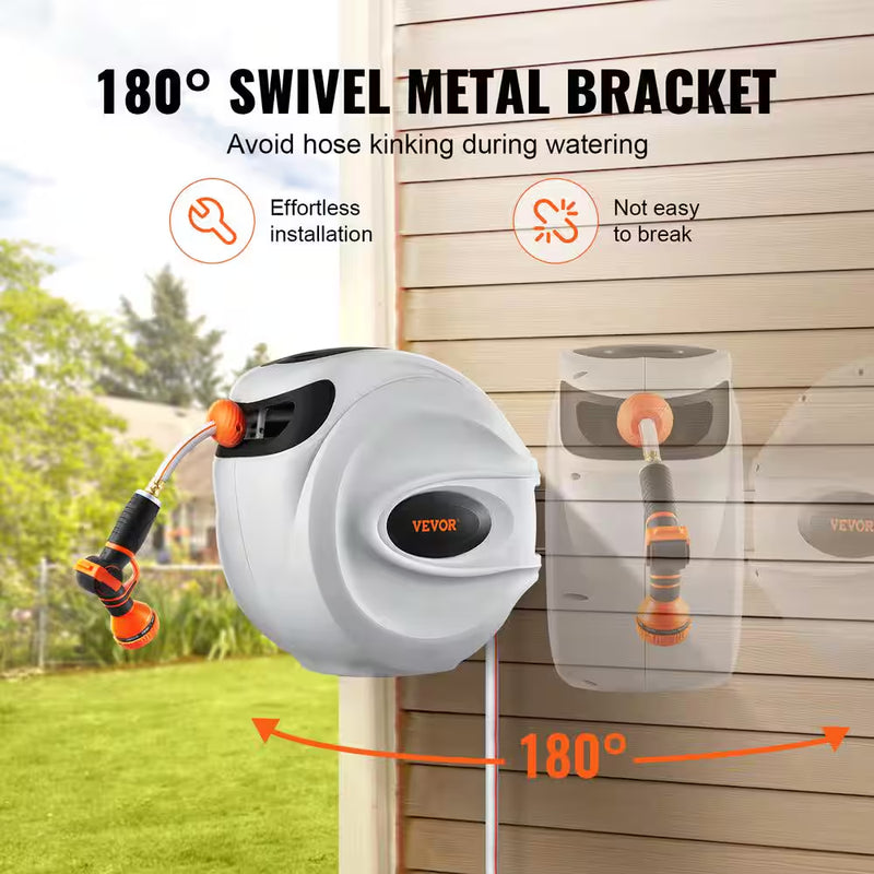 Retractable Hose Reel 5/8 In. Dia X 84 Ft. Garden Water Hose Reel W/9-Pattern Nozzle 180° Swivel Bracket Wall-Mounted - Puck's