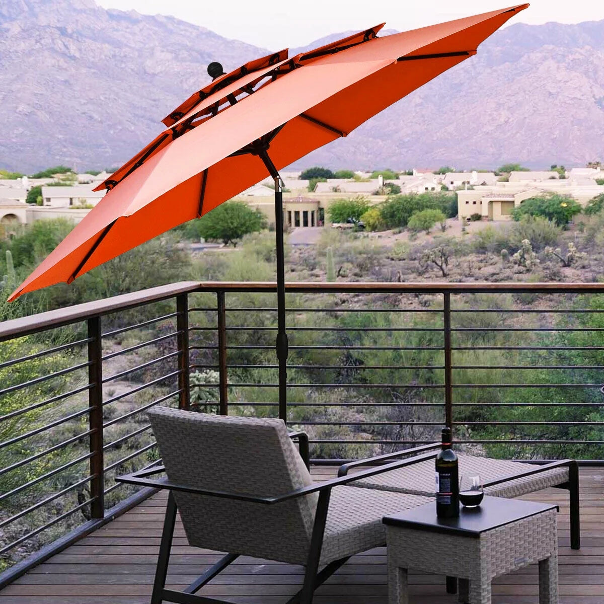 10Ft 3 Tier Patio Market Umbrella Aluminum Sunshade Shelter Double Vented Orange - Puck's