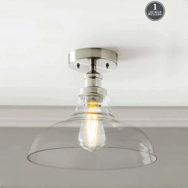 12" Farmhouse Nickel Flush Mount Ceiling Light, Metal Base Clear Glass Shade - Puck's
