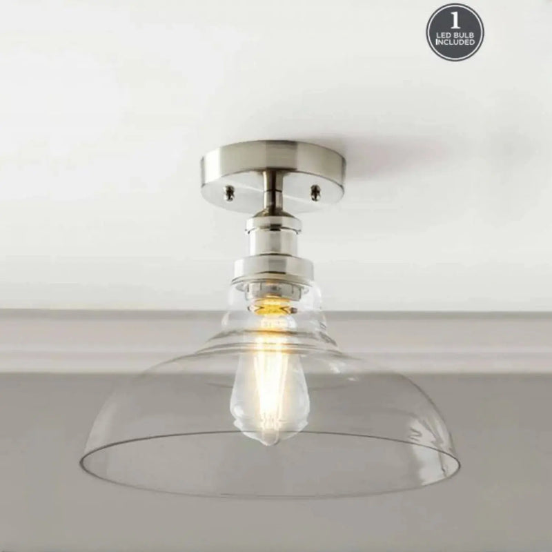 12" Farmhouse Nickel Flush Mount Ceiling Light, Metal Base Clear Glass Shade - Puck's