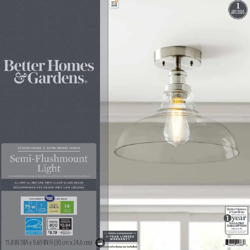 12" Farmhouse Nickel Flush Mount Ceiling Light, Metal Base Clear Glass Shade - Puck's