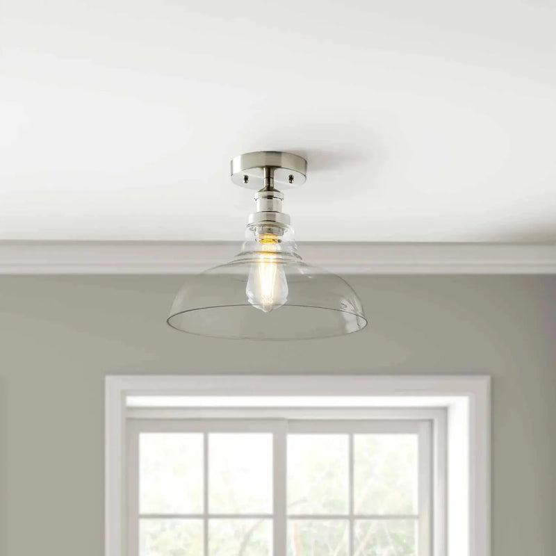 12" Farmhouse Nickel Flush Mount Ceiling Light, Metal Base Clear Glass Shade - Puck's