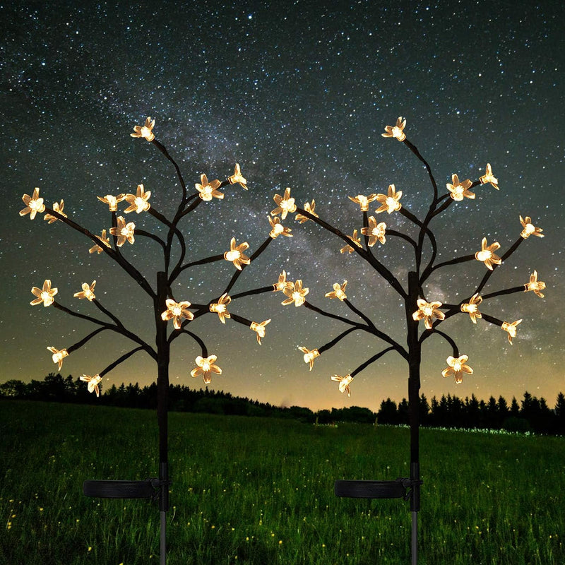 Solar Flower Lights Garden Decorative Lights - 2 Pack Solar Garden Lights Outdoor Decorative Warm White Cherry Blossoms Christmas Solar Lights for Pathway, Patio, Yard, Lawn, Backyard - Puck's