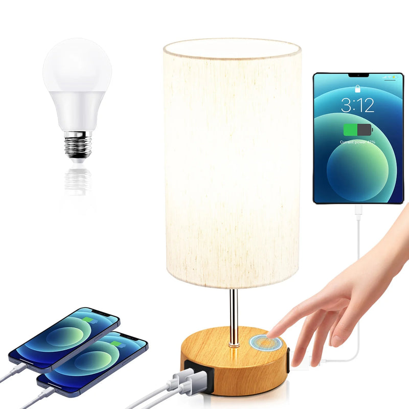 Bedside Lamp, Touch Control Table Lamp with USB A+C Charging Ports & AC Outlet 3-Way Dimmable Nightstand Lamp with Linen Fabric Shade for Bedroom Living Room with Light Bulb